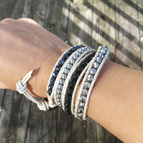 White Leather Wrap Beaded Bracelet - Picture 4 of 5